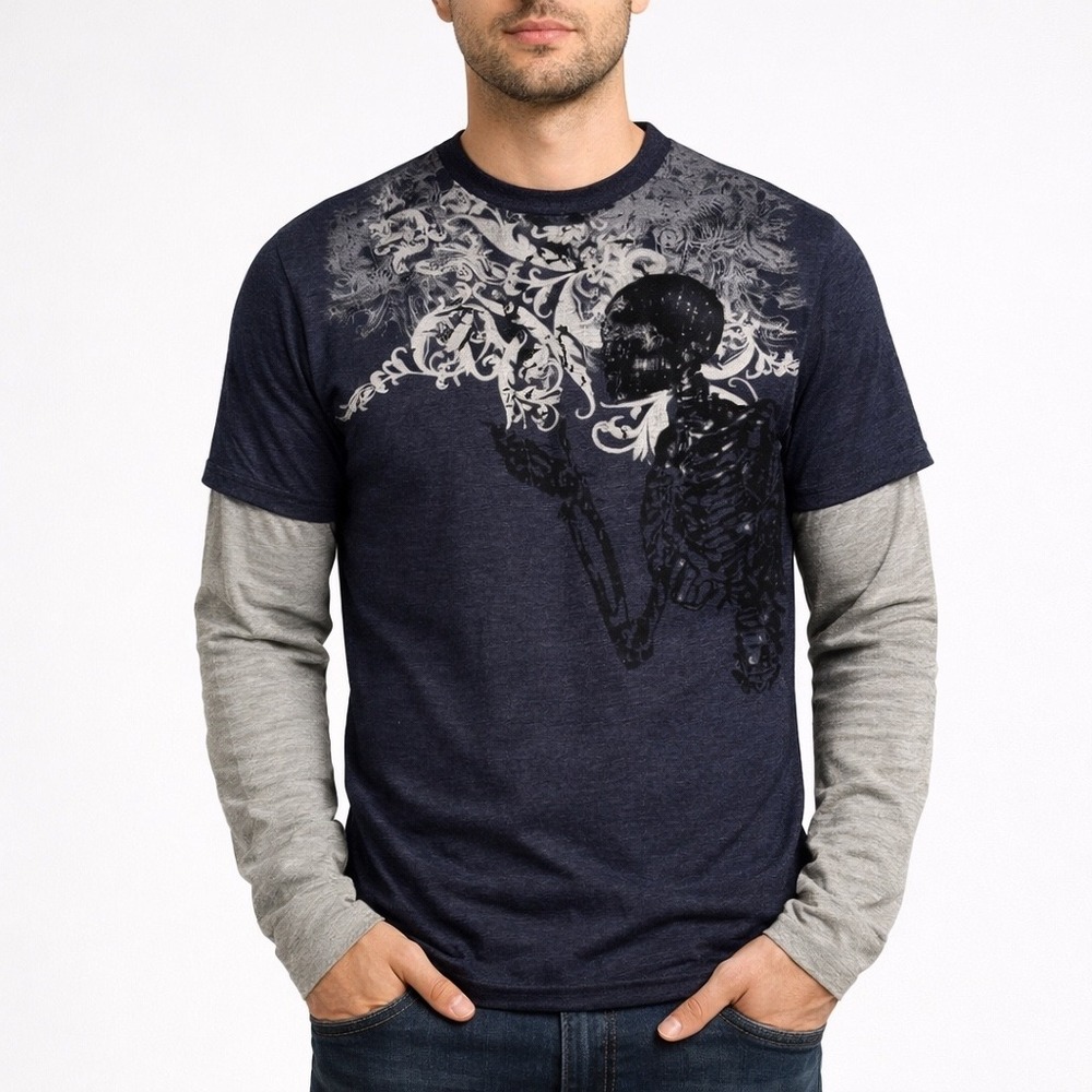 Modern Culture Mens Skeleton Graphic Layered Long Sleeve Shirt Grey M Y2K